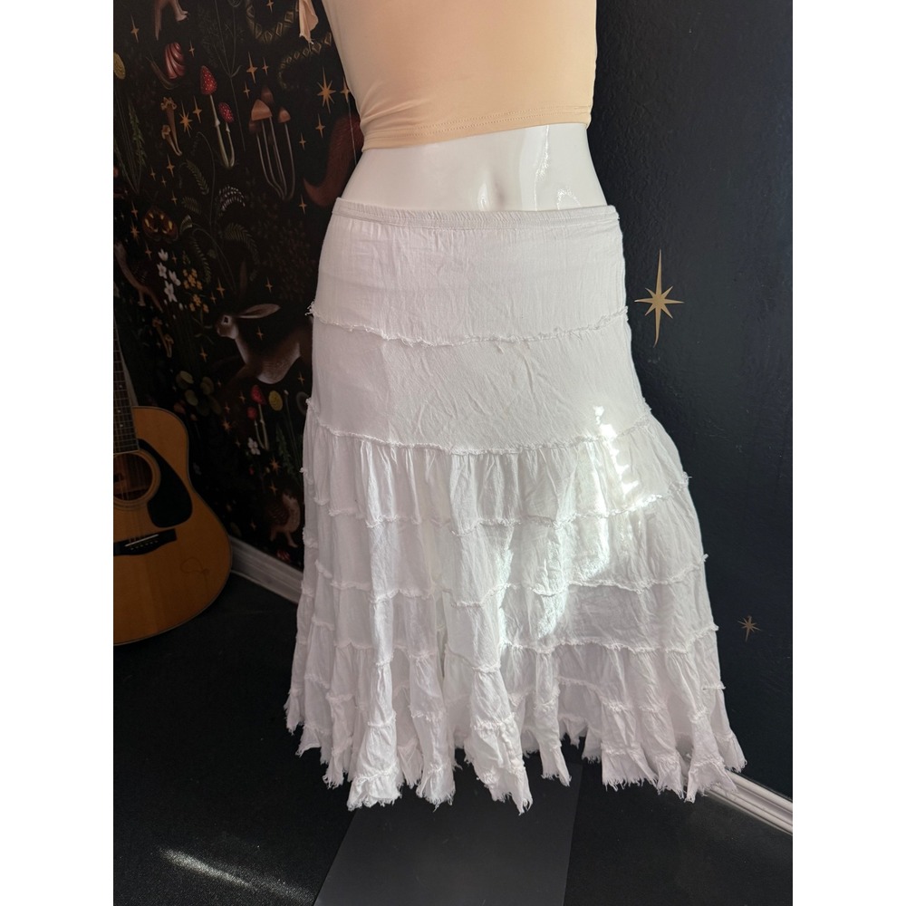 India Boutique White Cotton Tiered Midi Skirt Frayed Raw Edge Boho flaw